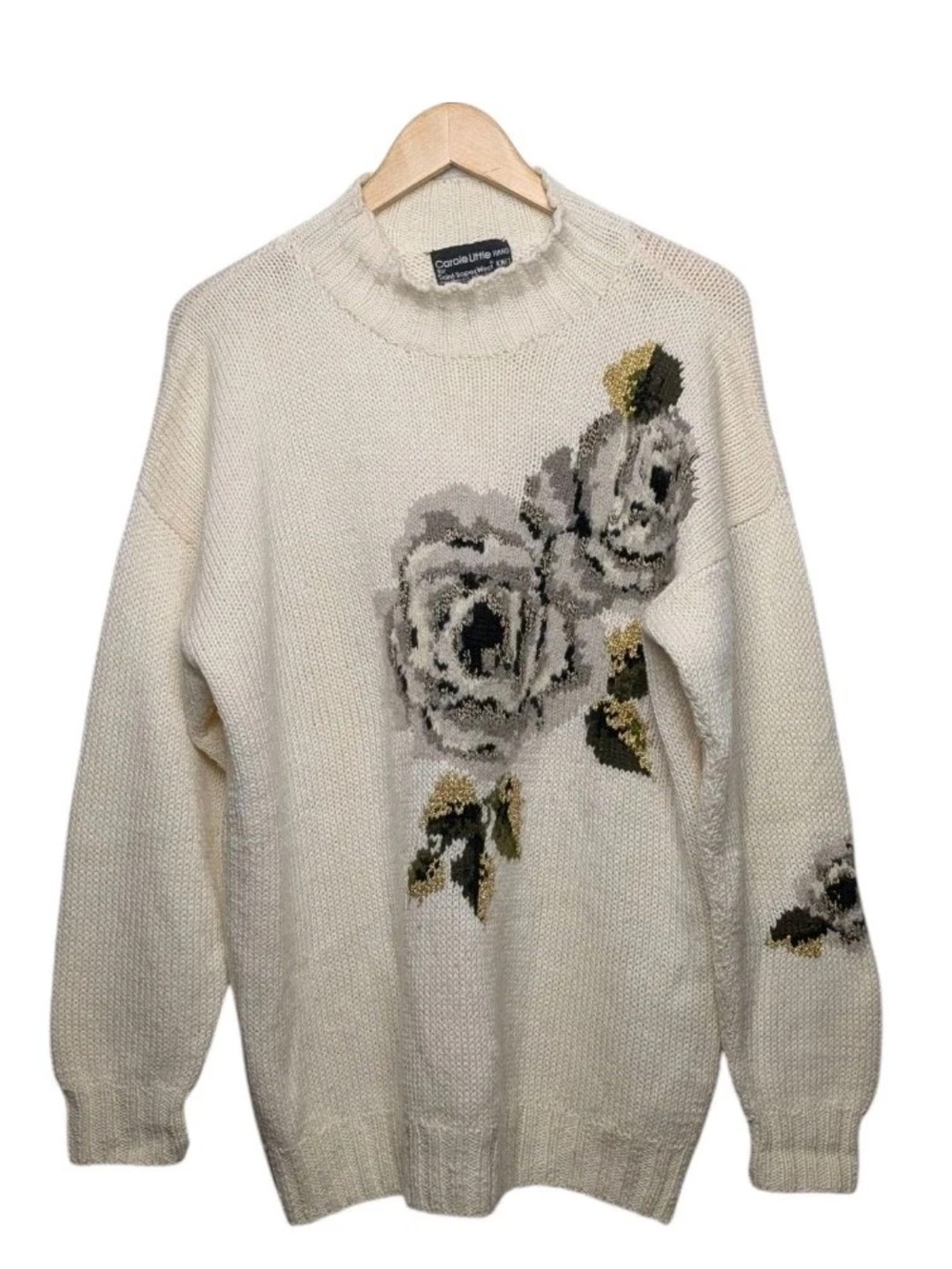 Carole Little Cream Knit Sweater with Gray Floral Embroidery
